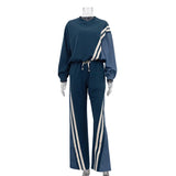 Cinessd Contrast Striped Women Pullover Set Wide Leg Elastic Waist Pants Suits 2024 Autumn O-neck Denim Patchwork Top Trousers Outfits