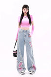 Cinessd Women's Blue Baggy Butterfly Jeans Vintage Cowboy Pants Harajuku Denim Trousers Aesthetic Y2k Oversize Trashy 2000s Clothes 2024