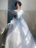 Cinessd 2025 Women Blue Tulle Layered Prom Dresses Slash Neck Flying Sleeve Quinceanera Dresses Female Long Evening Gowns