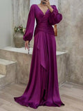 Cinessd Yeezzi Female Solid Color Elegant Pleated A-line Party Long Dress 2024 New Spring Autumn Puff Sleeves Prom Evening Maxi Dresses