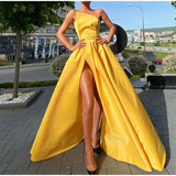 Cinessd - Off Shoulder Slit Floor Length Satin A Line High Waist Dress