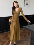 Cinessd Christmas Gfit Outfit Women's Elegant Pleated Knitted Dress with Ribbon Autumn Long Sleeve V-Neck Slim Party Vestidos Korean Female Evening Dresses