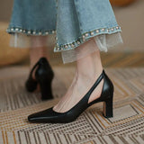 Office Ladies Summer Footwear High Heels Pumps on Heeled Square Toe Shoes for Women 2023 Normal Leather Casual Slip A Vacation