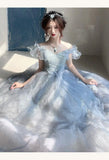 Cinessd 2025 Women Blue Tulle Layered Prom Dresses Slash Neck Flying Sleeve Quinceanera Dresses Female Long Evening Gowns