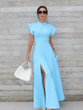 Cinessd Elegant Blue Shoulder Pad Short Sleeve Maxi Dress Women Fashion High Waist Split A-line Long Dresses 2024 New Lady Street Robes