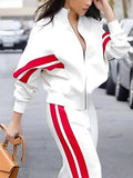 Cinessd 2024 New Spring Women Fashion Casual Striped Straight Leg Pants Loose Long Sleeves Zipper Stand Collar Jackets Outerwear