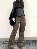 Cinessd Women Coffee Baggy Cargo Jeans Harajuku 90s Aesthetic Denim Trousers Y2k Vintage Japanese 2000s Style Jean Pants Trashy Clothes