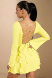 Cinessd Lace-Up Backless Mini Dress with Patchwork and Flare Sleeves