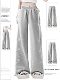 Cinessd Women Grey Lace Patchwork Pants Y2k 2000s Streetwear Sweatpants Vintage Trousers Harajuku Wide Bow Pants Aesthetic Clothes 2024