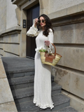 Cinessd Fashion Solid Ruffles Pleated Loose Long Dress Women Elegant Round Neck Flare Long Sleeves Maxi Dresses Lady High Street Wear