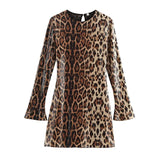 Cinessd Sequins Leopard Print Mini Dress Women O-neck Long Sleeve Loose Chic Glitter Short Street Dresses Holiday Party Evening Robe