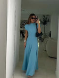 Cinessd Elegant Blue Shoulder Pad Short Sleeve Maxi Dress Women Fashion High Waist Split A-line Long Dresses 2024 New Lady Street Robes