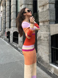 Cinessd  Hollow Out Knitwear Striped Maxi Dress For Women Contrast High Waist Long Sleeve Elegant Holiday Autumn Long Dress Female