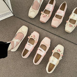 Cinessd Luxury  Lace Tie Leg Satin Silk Ballet Flats Woman Square Toe Bowknot Elastic Band Ballerinas Ladies Wedding  Floral Shoes