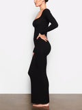 Cinessd glam dresses Women Slim Fit Dress, Solid Color Square Collar Long Sleeve Wrap Skirt, Black/ Khaki/ Grey