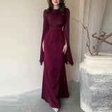 Cinessd Temperament Mesh Satin Stitching Dresses Elegant Women Split Sleeved Crew Neck Maxi Dress 2024 Chic Solid Waisted Evening Dress