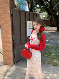 2024 New Sweet Sexy 2 Piece Dress Set Wonan Red Short Cardigan Print Sleeveless Midi Dress Party Korean Fashion Suit Female