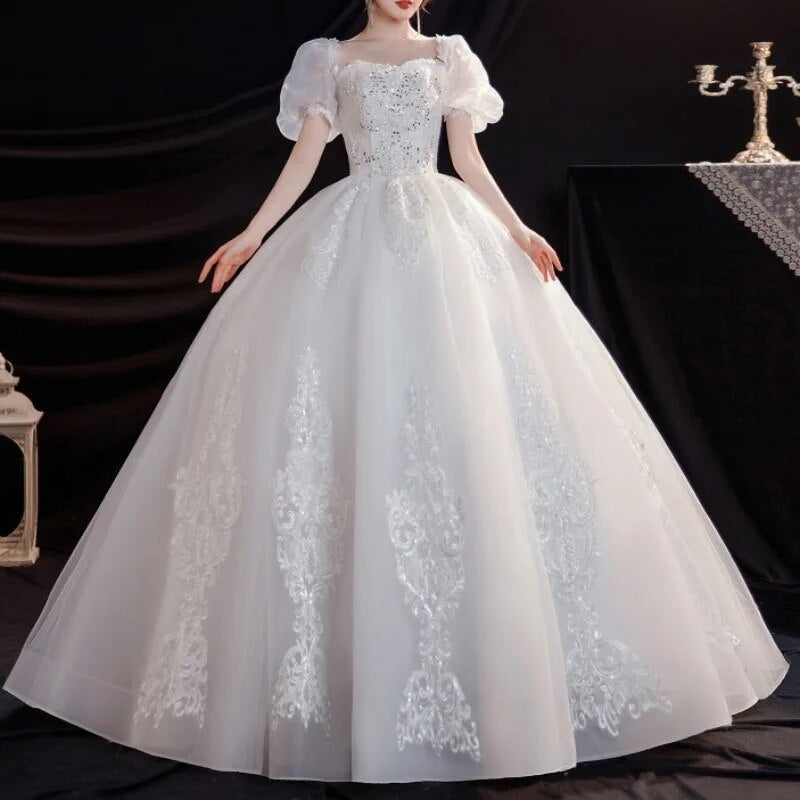 Cinessd -Elegant A Line Wedding Dress for Woman Sweetheart Puffy Sleeves White Bridal Gown with Appliques Slim Waist Robe De Novia