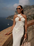 Cinessd Fashion Halter Crochet Hook Solid Maxi Dresses Women Elegant Backless Off Shoulder Slim Long Dress 2024 New Lady Beach Robes