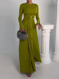 Cinessd Women Vintage Elegant Green Party Evening Dresses 2024 New Spring Long Sleeves Split-Front Casual Office Pleated Dress