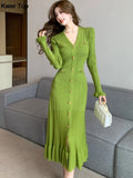 Cinessd Christmas Gift Outfit Fashion Green Single Breasted Women Knitted Dress Chic Flared Sleeve Ruffles Hem Long Dresses 2024 Female Office Elegant Robes