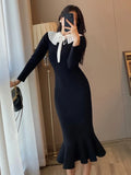 Cinessd Vintage Black Knitted Mermaid Dress Autumn Long Sleeve Elegant Party Dresses Woman French Fashion Lace-up Bodycon Midi Vestidos