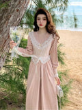 Cinessd Christmas Gift Outfit  French Pink Vintage Dress Woman Princess Fake Two Pieces Dress Female Casual Lace Long Sleeve Elegant Party Midi Dresses 2024