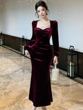 Cinessd Christmas Gfit Outfit Elegant Velvet Mermaid Dress French Hepburn Style Bodycon Evening Party Prom Womens Dresses Autumn Female Slim Waist Vestidos