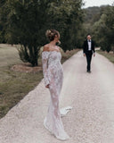 Cinessd Sexy See Through Back Long Sleeves Full Lace Applique Mermaid Wedding Dresses Sweep Train Custom Made Vestido De Novial