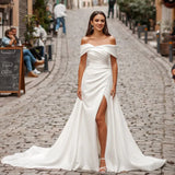 Cinessd Elegant Off The Shoulder Satin Sheath/Mermaid Wedding Dresses Side Slit Detachable Train Formal Bridal Grown 2025 Rode De