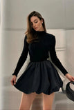 Cinessd O-Neck Long Sleeved Mini Dress with High Waist