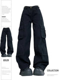 Cinessd Women's Black Gothic Y2k Cargo Jeans Baggy Harajuku Aesthetic Denim Trousers High Waist Jean Pants Vintage 2000s Trashy Clothes