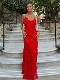 Cinessd 2024 Elegant Red Chiffon Slip Dresses for Women Sexy Spaghetti Strap Backless Lace-up Ruffles Long Maxi Evening Party Prom Dress