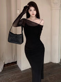 Cinessd Christmas Gfit Outfit Black Party Two-piece Dress Women Casual Sexy Mesh Bodycon Dress Summer Elegant Long Dresses for Women 2025 Korean Style Luxury