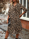 Cinessd New Elegant Women's Summer Leopard Shirt Dress Casual Loose Turn Down Collar Mid Calf Straight Long Dresses