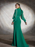 Cinessd Female Party Evening Maxi Dresses 2024 New Spring Puff Sleeves Lace-Up Split-Front V-Neck Green Elegant Prom Gown