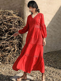 Cinessd - Women Cotton Patchwork Lace Dresses V-Neck Lantern Sleeve Maxi Dress