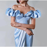 Cinessd - One-Shoulder Puff Sleeve Wrap Chest Slit Long Dress