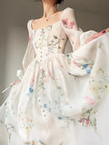 French Elegant Floral Midi Dress Chiffon Long Sleeve Evening Party Dress Woman Beach Fairy One Piece Dress Korean 2024 Summer