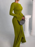 Cinessd Women Vintage Elegant Green Party Evening Dresses 2024 New Spring Long Sleeves Split-Front Casual Office Pleated Dress