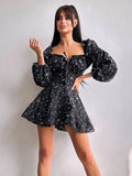 Cinessd  Long Puff Sleeve Floral Dress Wmen Autumn Winter Square Collar Backless Dress Female Fashion Elegant Dresses New