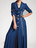 Cinessd Women Denim Dress 2024 Spring Long Sleeve Single Breasted Slim Casual Elegant Vintage Lapel Collar Big Swing Shirt Maxi Dresses