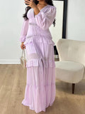 Cinessd New Spring Autumn Deep V Neck Loose Maxi Dress, Women Hollow Fashion Simple Party Dress, 2024 Patchwork Long Sleeve Ladies Dress