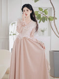 Cinessd Christmas Gift Outfit  French Pink Vintage Dress Woman Princess Fake Two Pieces Dress Female Casual Lace Long Sleeve Elegant Party Midi Dresses 2024