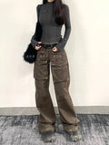 Cinessd Women Coffee Baggy Cargo Jeans Harajuku 90s Aesthetic Denim Trousers Y2k Vintage Japanese 2000s Style Jean Pants Trashy Clothes