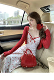 2024 New Sweet Sexy 2 Piece Dress Set Wonan Red Short Cardigan Print Sleeveless Midi Dress Party Korean Fashion Suit Female