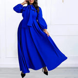 Cinessd Luxury Long Dresses for Women Bow Collar Full Sleeve Straight Floor Length Elegant Female Birthday Party Dinner Vestidos Mujer