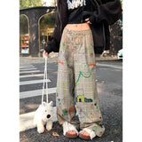 Cinessd Women's Baggy Y2k Plaid Pants Streetwear Graphic Print Pants Vintage Harajuku High Waist Wide Leg Trousers Fashion Clothes 2024