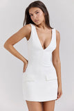 Cinessd 2024 Summer Vacation All White V Neck Fake Pockets Mini Dress For Women Holiday Elegant Sleeveless Short Dresses Lady Streetwear