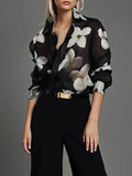 Cinessd Women Fashion Elegant Floral Printed Lapel Blouses 2024 New Spring Summer Long Sleeves Loose Casual Office Shirts Tops